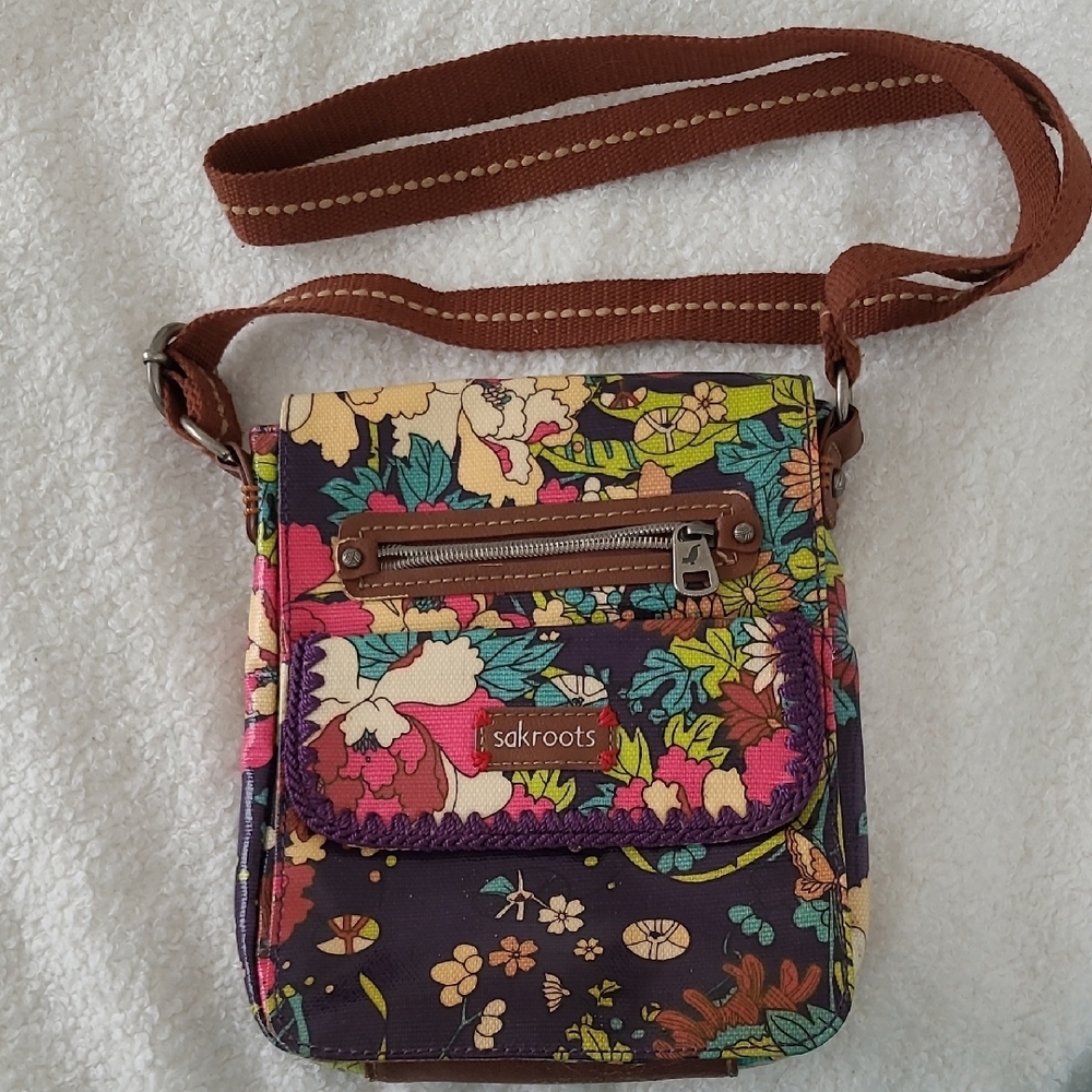 Sakroots Pink and Brown Crossbody Bag Vibrant Floral Design